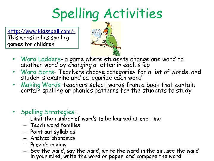 Spelling Activities http: //www. kidsspell. com/This website has spelling games for children • Word