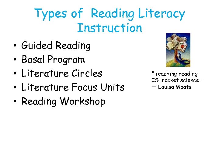 Types of Reading Literacy Instruction • • • Guided Reading Basal Program Literature Circles