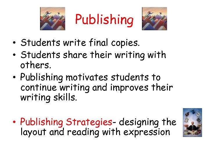 Publishing • Students write final copies. • Students share their writing with others. •