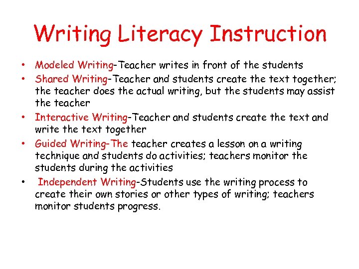 Writing Literacy Instruction • Modeled Writing-Teacher writes in front of the students • Shared