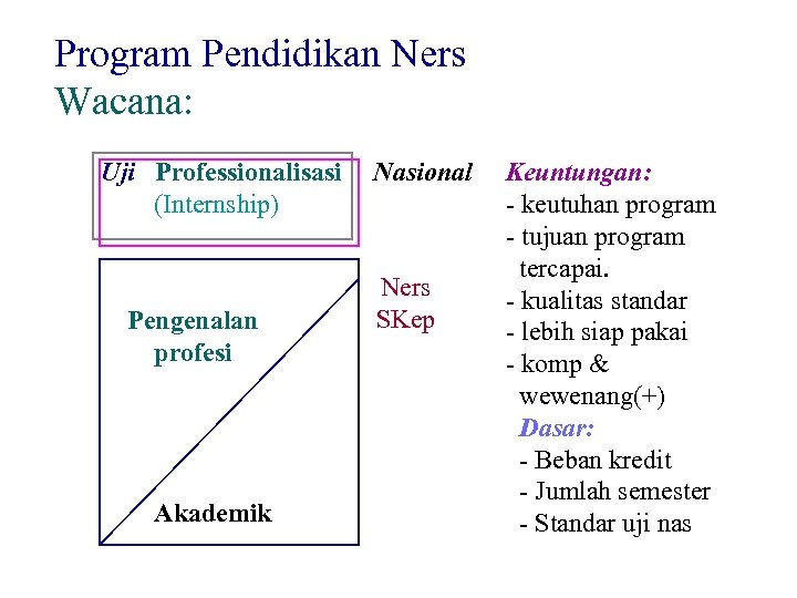 Program Pendidikan Ners Wacana: Uji Professionalisasi (Internship) Pengenalan profesi Akademik Nasional Ners SKep Keuntungan: