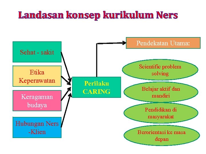 Landasan konsep kurikulum Ners Pendekatan Utama: Sehat - sakit Etika Keperawatan Keragaman budaya Hubungan