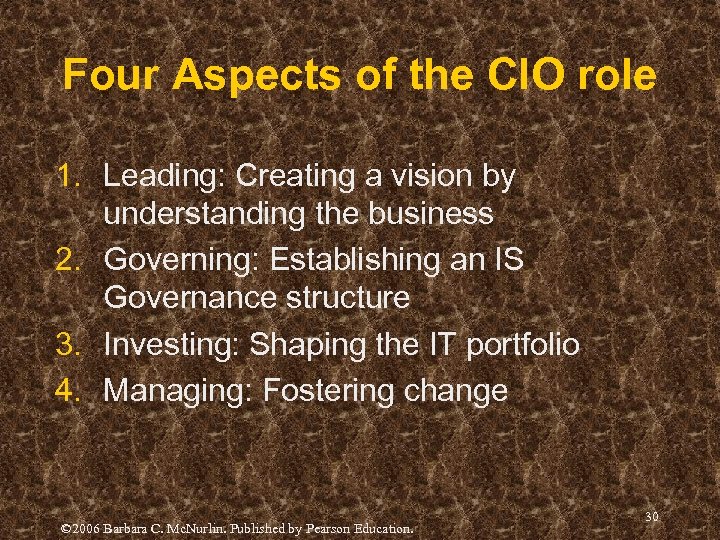 Four Aspects of the CIO role 1. Leading: Creating a vision by understanding the