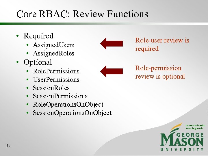 Core RBAC: Review Functions • Required • Assigned. Users • Assigned. Roles • Optional