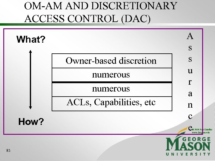 OM-AM AND DISCRETIONARY ACCESS CONTROL (DAC) What? Owner-based discretion numerous ACLs, Capabilities, etc How?