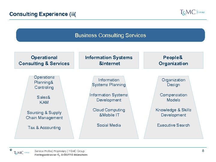 Consulting Experience (ii( Business Consulting Services Operational Consulting & Services Information Systems &Internet People&