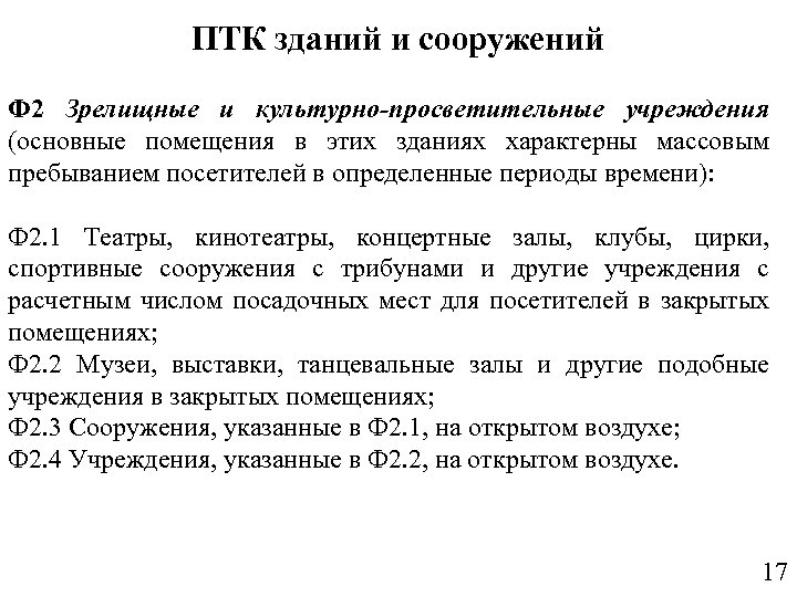 ПТК зданий и сооружений Ф 2 Зрелищные и культурно-просветительные учреждения (основные помещения в этих