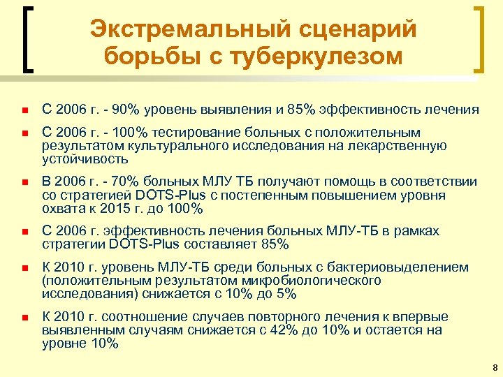 Экстремальный сценарий борьбы с туберкулезом n С 2006 г. - 90% уровень выявления и