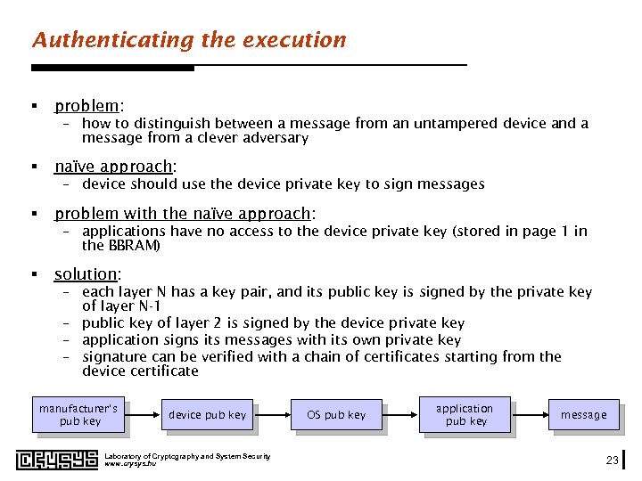 Authenticating the execution § problem: – how to distinguish between a message from an