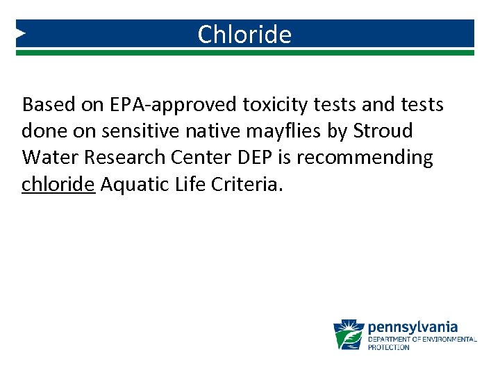 Chloride Based on EPA-approved toxicity tests and tests done on sensitive native mayflies by