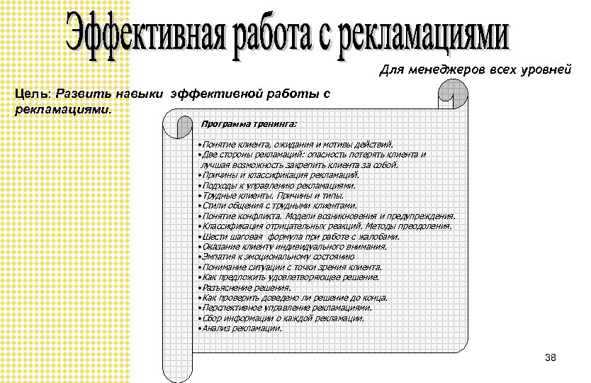 Для менеджеров всех уровней Цель: Развить навыки эффективной работы с рекламациями. Программа тренинга: •