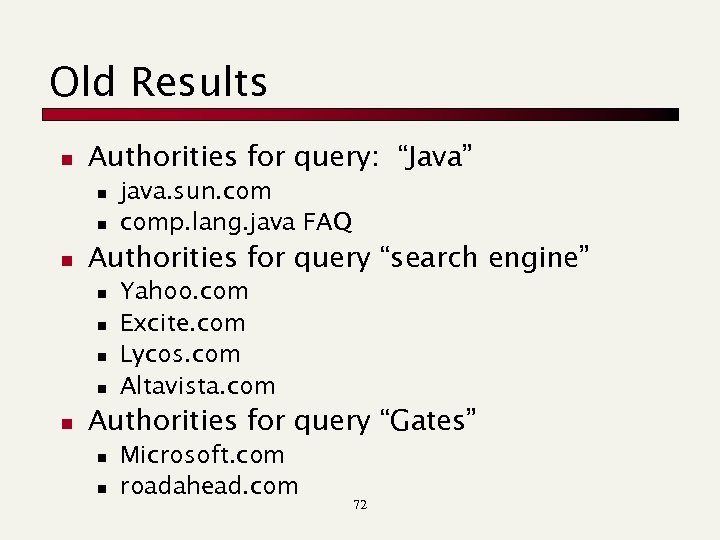 Old Results n Authorities for query: “Java” n n n Authorities for query “search