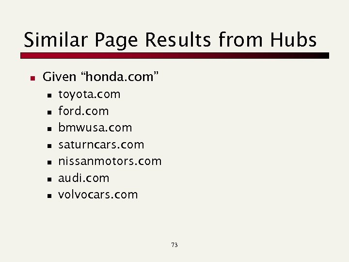 Similar Page Results from Hubs n Given “honda. com” n n n n toyota.