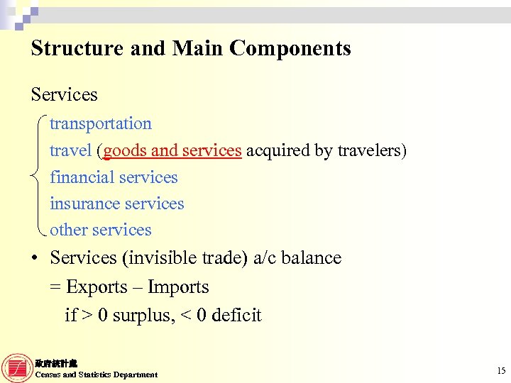 Structure and Main Components Services transportation travel (goods and services acquired by travelers) financial