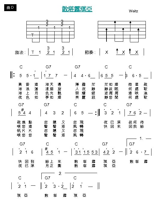 曲 D 散塔露琪亞 1 3 2 Waltz 1 T 指法 : : 3 3