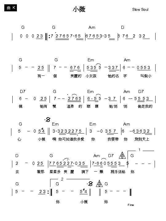 曲 K 小薇 Slow Soul G Am D ‧ 0 0 0 2 3