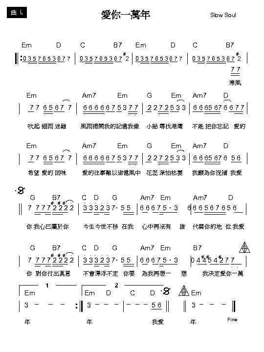 曲 L 愛你一萬年 Slow Soul Em D C B 7 # #‧ : 0