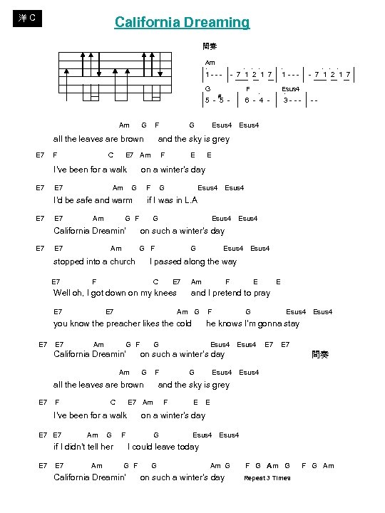 洋 C California Dreaming 間奏 Am ‧ ‧ ‧ ‧ 1 - - -