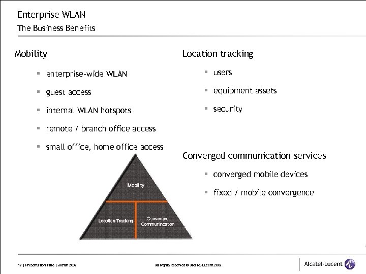 Enterprise WLAN The Business Benefits Mobility Location tracking § enterprise-wide WLAN § users §