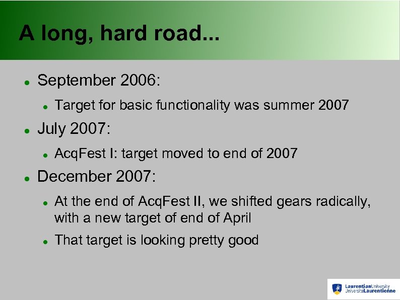 A long, hard road. . . September 2006: July 2007: Target for basic functionality