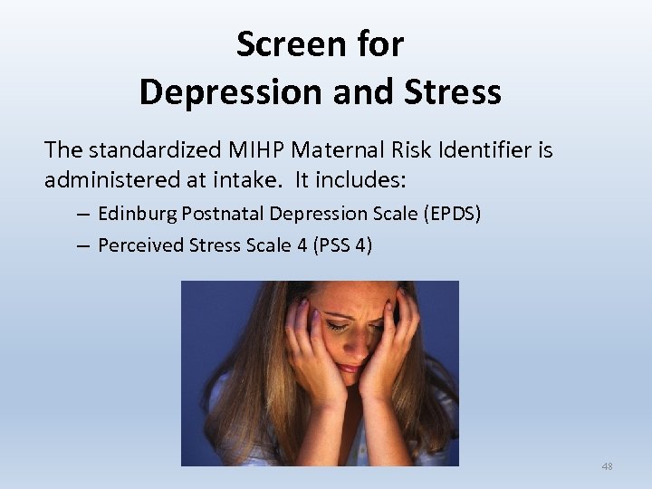 Screen for Depression and Stress The standardized MIHP Maternal Risk Identifier is administered at