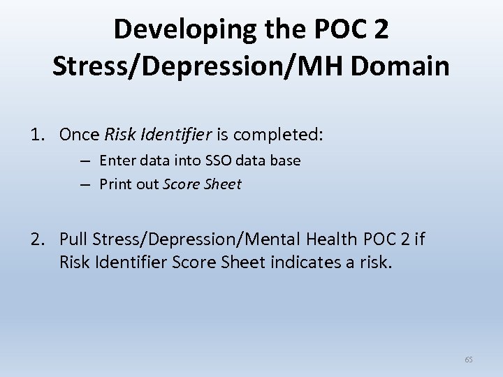 Developing the POC 2 Stress/Depression/MH Domain 1. Once Risk Identifier is completed: – Enter