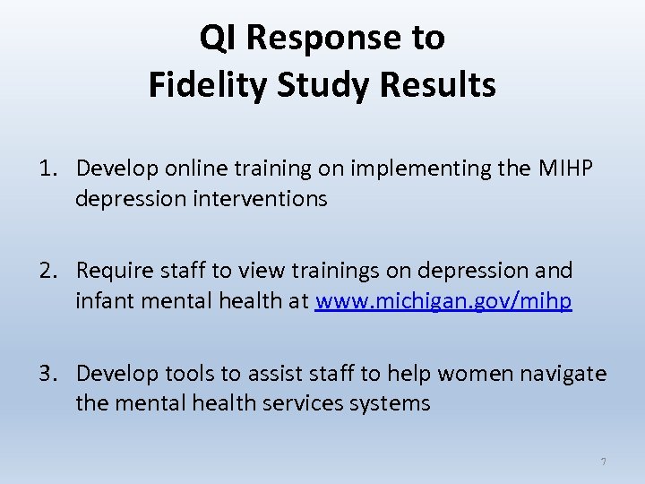 QI Response to Fidelity Study Results 1. Develop online training on implementing the MIHP