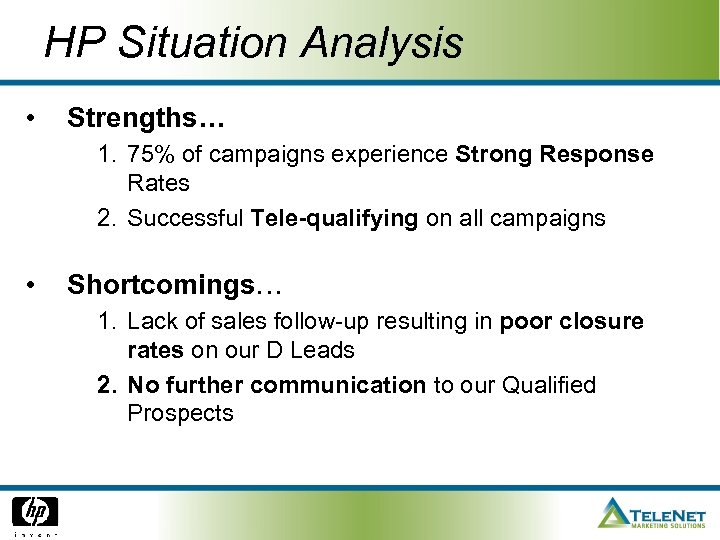 HP Situation Analysis • Strengths… 1. 75% of campaigns experience Strong Response Rates 2.