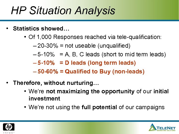 HP Situation Analysis • Statistics showed… • Of 1, 000 Responses reached via tele-qualification: