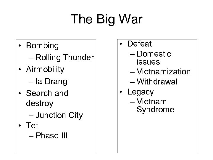 The Big War • Bombing – Rolling Thunder • Airmobility – Ia Drang •