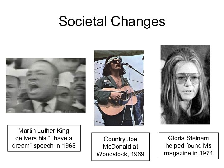 Societal Changes Martin Luther King delivers his “I have a dream” speech in 1963