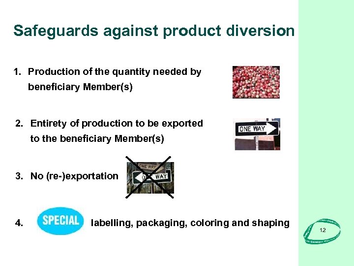 Safeguards against product diversion 1. Production of the quantity needed by beneficiary Member(s) 2.