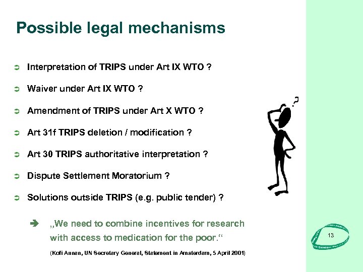 Possible legal mechanisms Ü Interpretation of TRIPS under Art IX WTO ? Ü Waiver