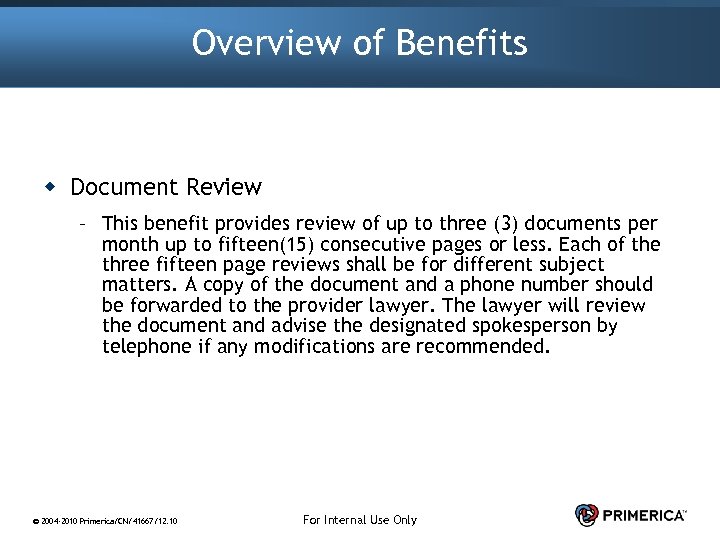 Overview of Benefits w Document Review – This benefit provides review of up to