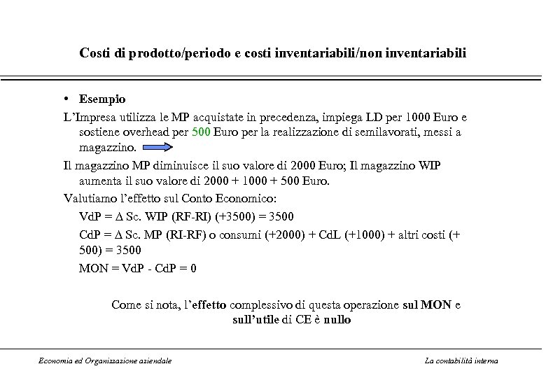 Costi di prodotto/periodo e costi inventariabili/non inventariabili • Esempio L’Impresa utilizza le MP acquistate