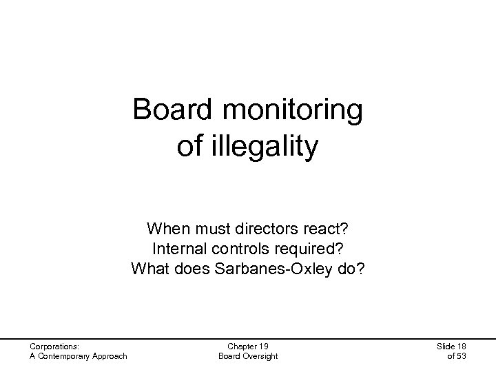 Board monitoring of illegality When must directors react? Internal controls required? What does Sarbanes-Oxley