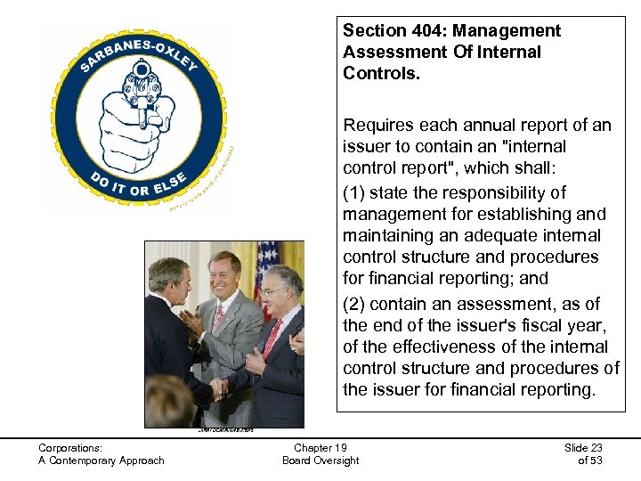 Section 404: Management Assessment Of Internal Controls. Requires each annual report of an issuer