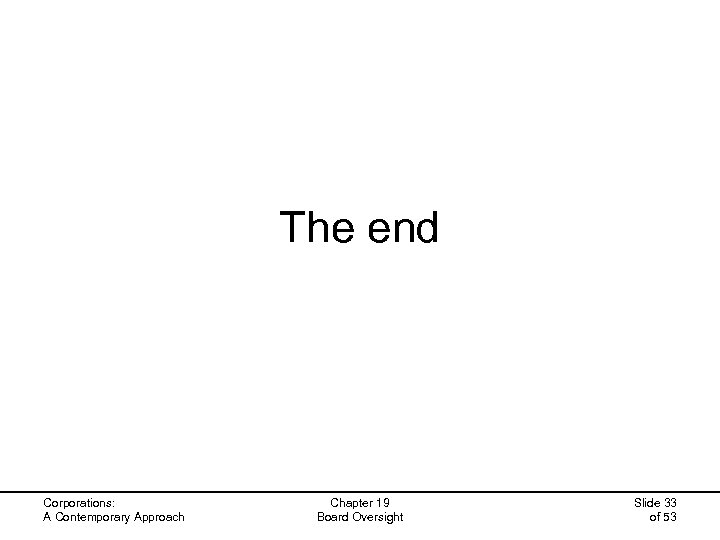 The end Corporations: A Contemporary Approach Chapter 19 Board Oversight Slide 33 of 53