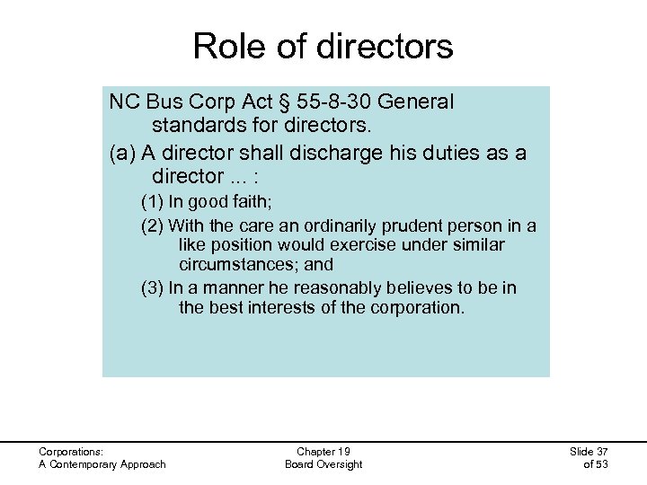 Role of directors NC Bus Corp Act § 55 -8 -30 General standards for