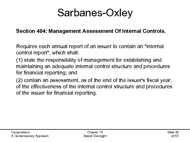 Sarbanes-Oxley Section 404: Management Assessment Of Internal Controls. Requires each annual report of an