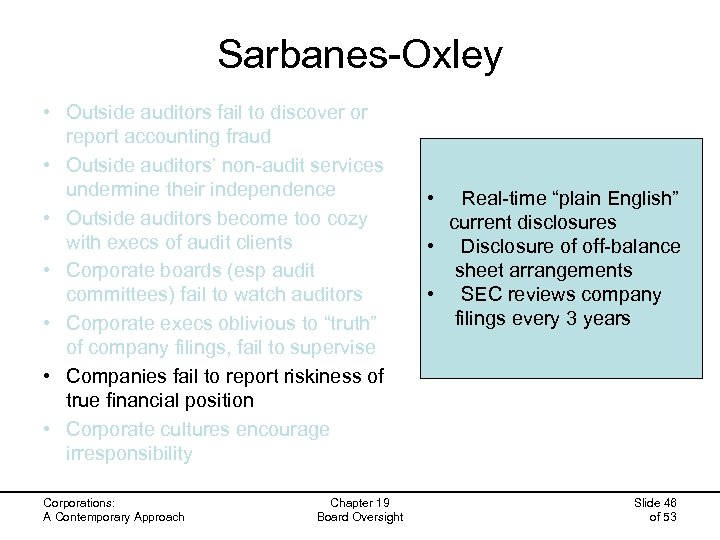 Sarbanes-Oxley • Outside auditors fail to discover or report accounting fraud • Outside auditors’