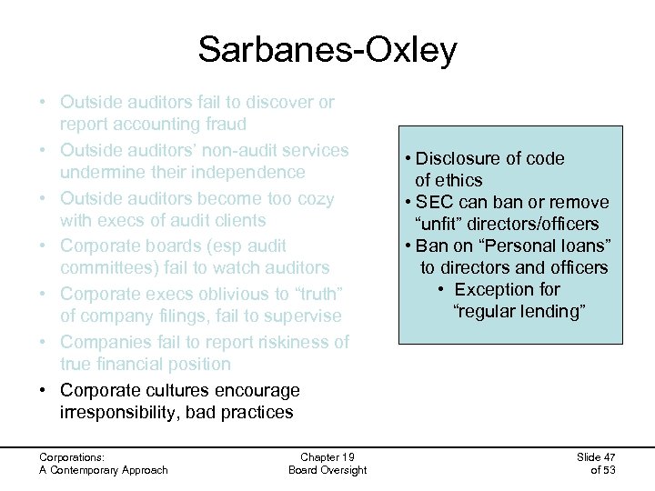 Sarbanes-Oxley • Outside auditors fail to discover or report accounting fraud • Outside auditors’