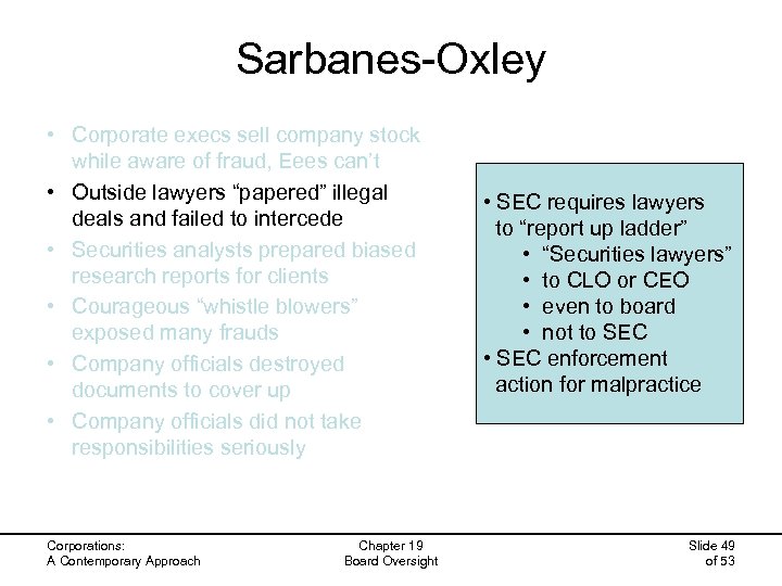 Sarbanes-Oxley • Corporate execs sell company stock while aware of fraud, Eees can’t •