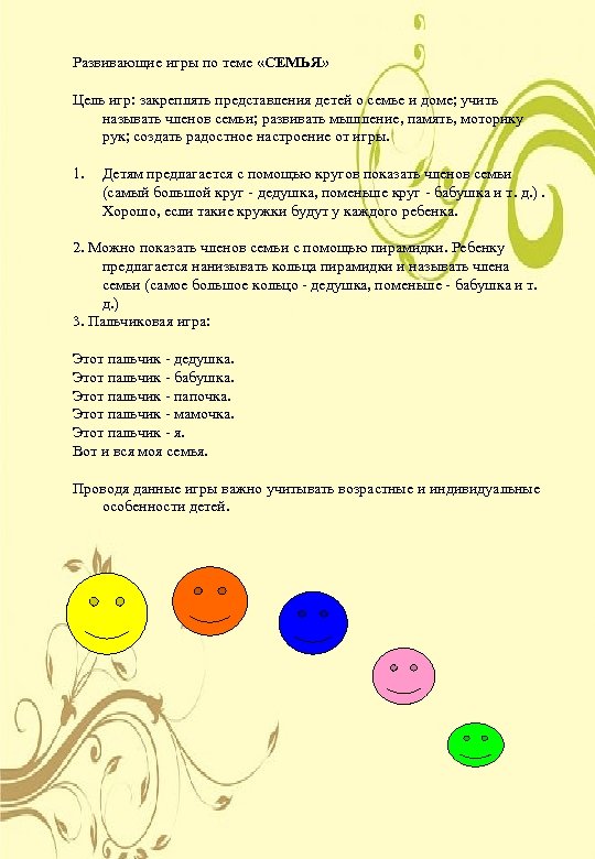 Развивающие игры по теме «СЕМЬЯ» Цель игр: закреплять представления детей о семье и доме;