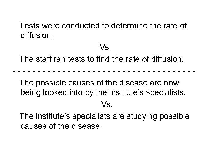  Tests were conducted to determine the rate of diffusion. Vs. The staff ran