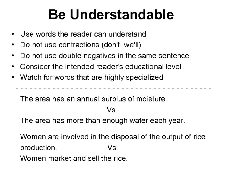 Be Understandable • Use words the reader can understand • Do not use contractions