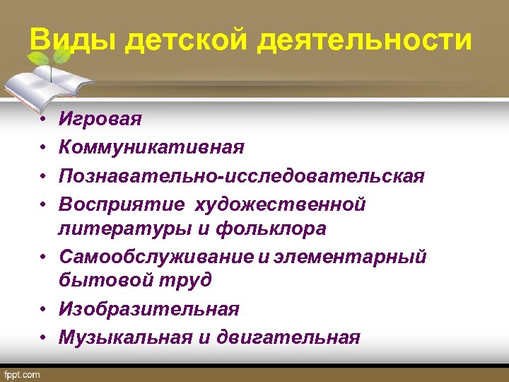 Виды детской деятельности • • Игровая Коммуникативная Познавательно-исследовательская Восприятие художественной литературы и фольклора •