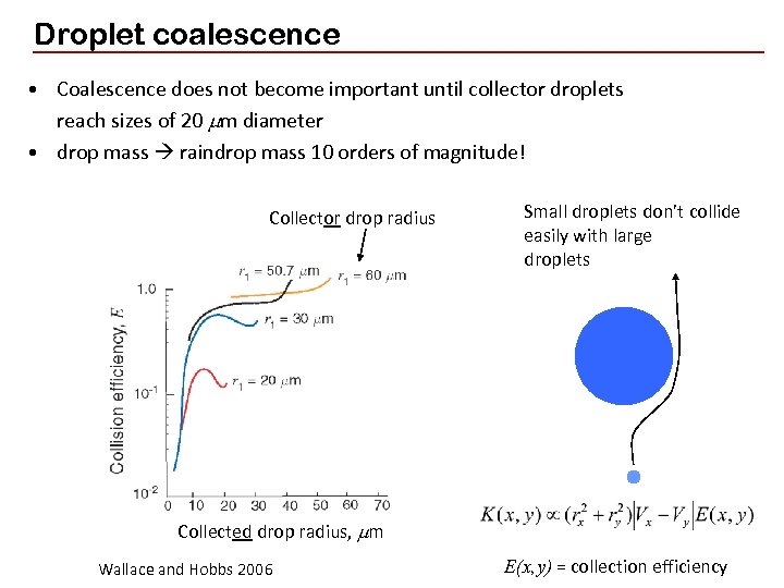 Droplet coalescence • Coalescence does not become important until collector droplets reach sizes of