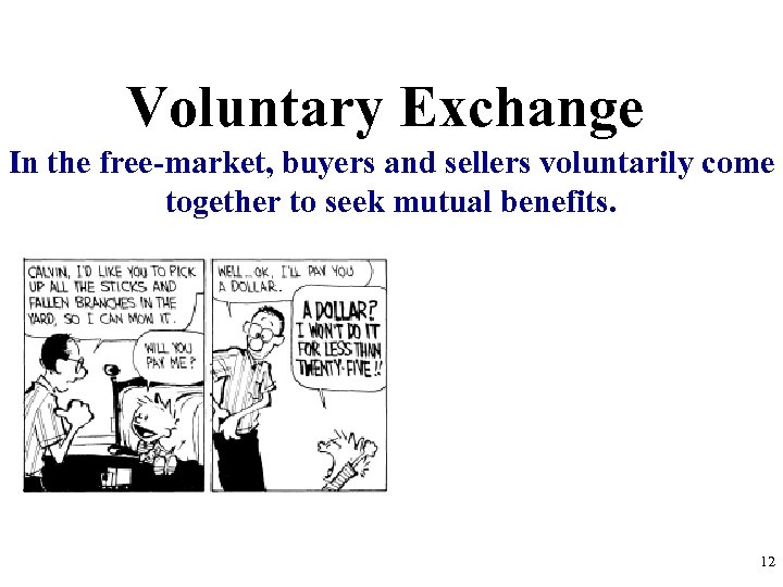 Voluntary Exchange In the free-market, buyers and sellers voluntarily come together to seek mutual