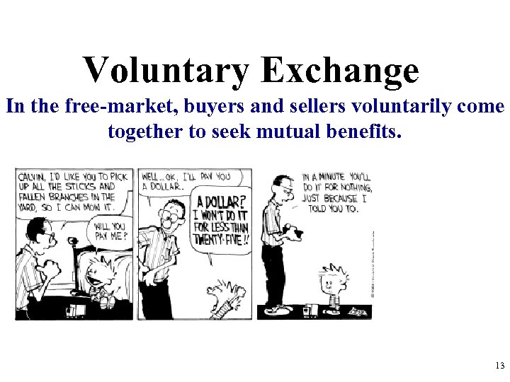 Voluntary Exchange In the free-market, buyers and sellers voluntarily come together to seek mutual